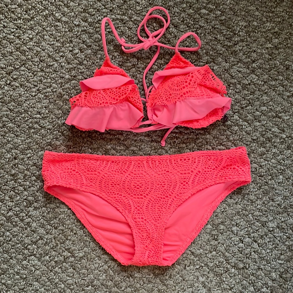 Aerie coral colored ruffle bikini, padded top and bottom both size M